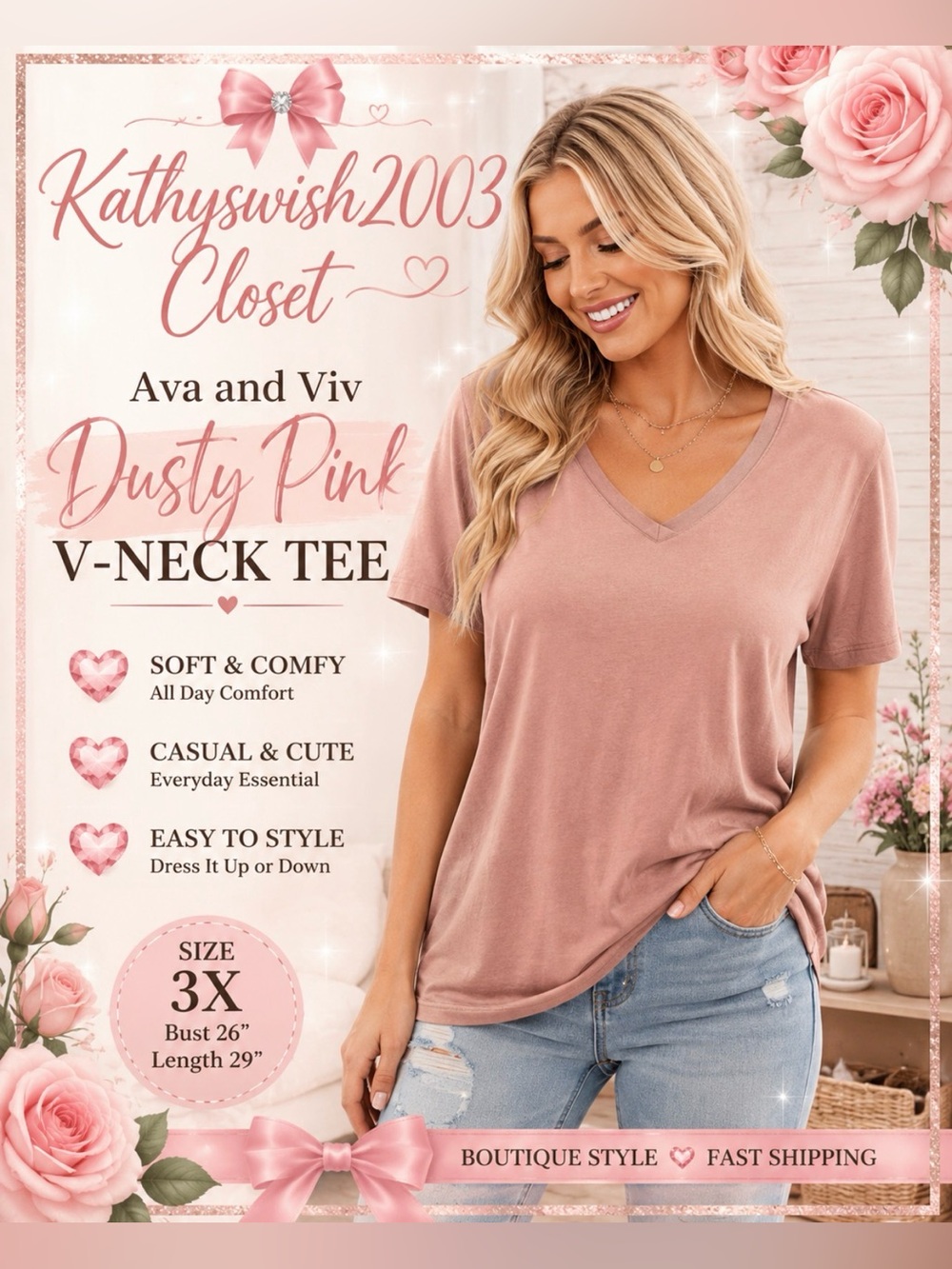 Ava and Viv Dusty Pink V-Neck Tee